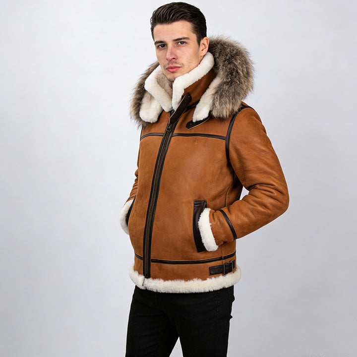 Men's shearling bomber jacket in aviator style with hood and contrasting leather trim Mune Fashion