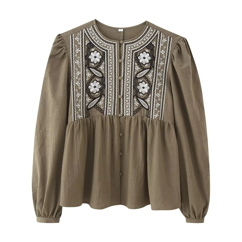 Women nan embroidered blouse with gathered waist, round neck and balloon sleeves Mune Fashion