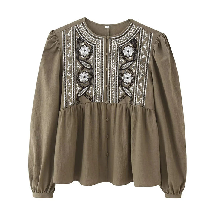 Women nan embroidered blouse with gathered waist, round neck and balloon sleeves Mune Fashion