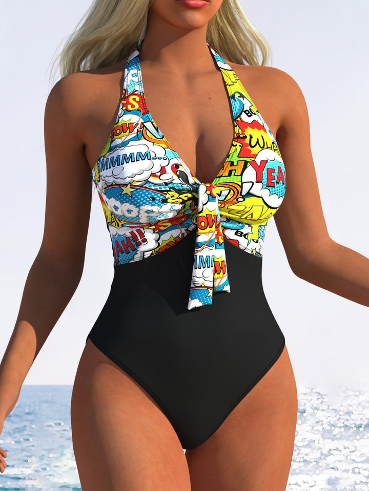 Women One Piece Swimsuit with ruftiger Chiffon Surface and Elegant Knot Detail Mune Fashion