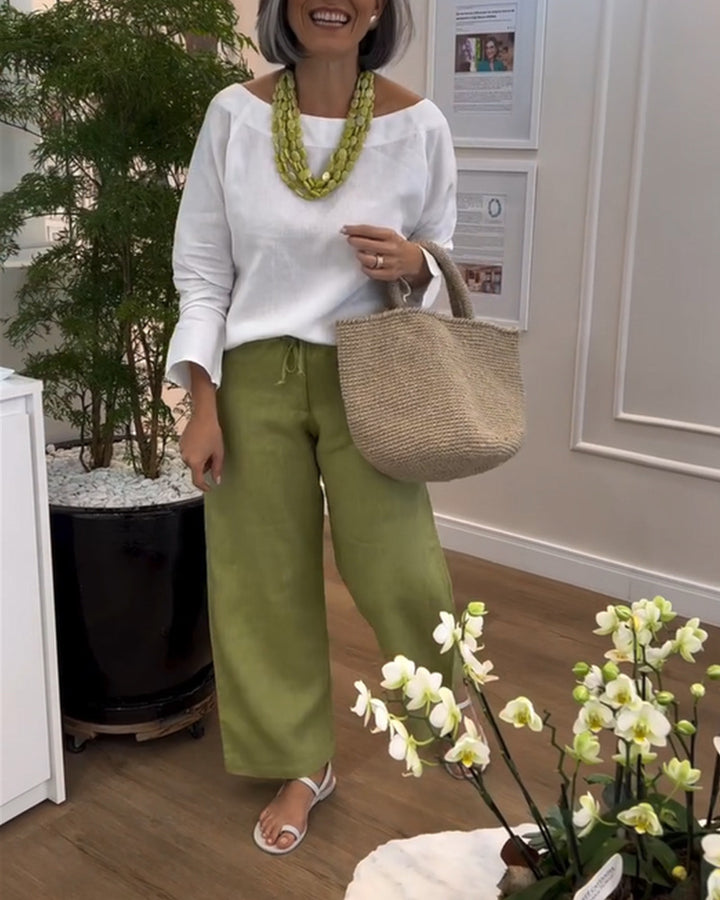 Women's wide linen culotte with drawstring waistband and ankle-length silhouette Mune Fashion