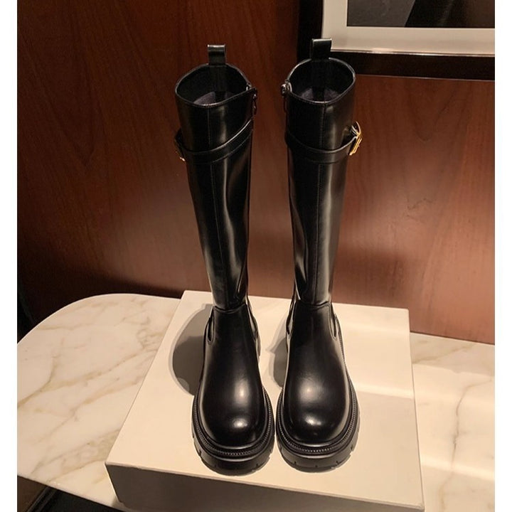Ladies Knee Boots with Profiled Lug Sole and Decorative Buckle Strap Mune Fashion