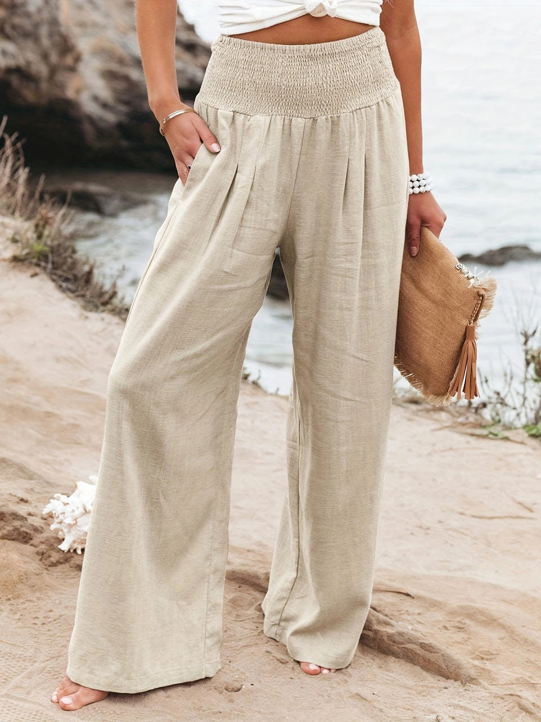 Women's Wide Linen Pants with Smocked Band and Side Pockets Mune Fashion