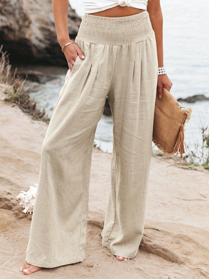 Women's Wide Linen Pants with Smocked Band and Side Pockets Mune Fashion