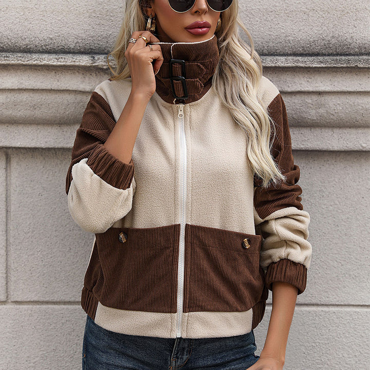 Women Oversize Fleece Jacket with Cord Inserts, Stand Collar and Snap Button Pockets Mune Fashion
