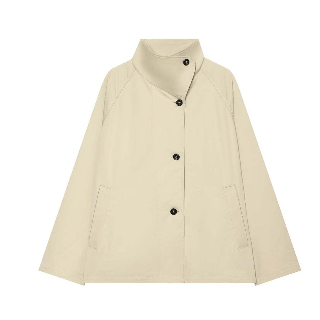 Women Short A-Line Transitional Jacket with High Standing Collar and Raglan Sleeves Mune Fashion