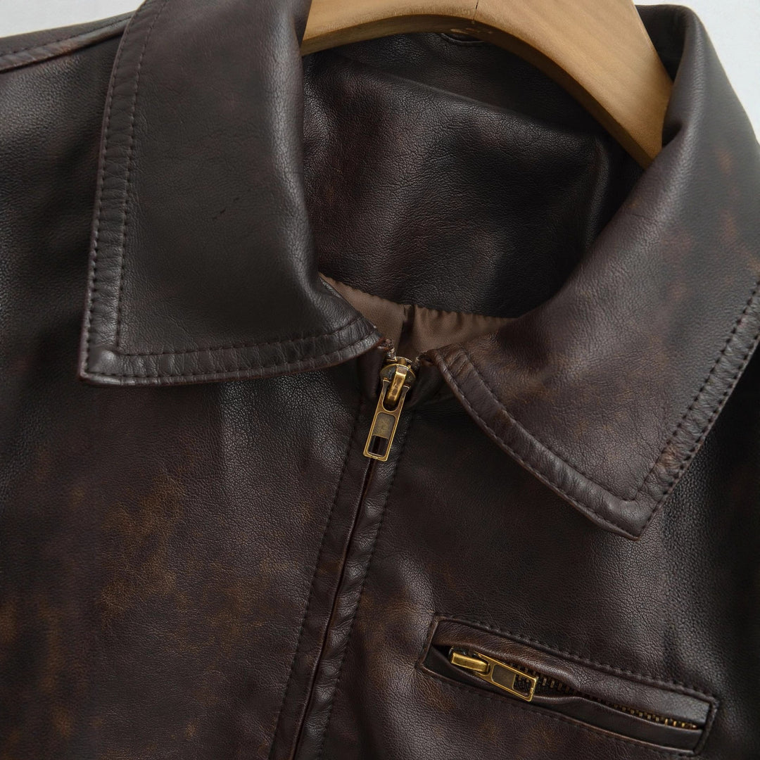 Men's vintage-inspired bomber style leather jacket with zipper and chest pocket Mune Fashion
