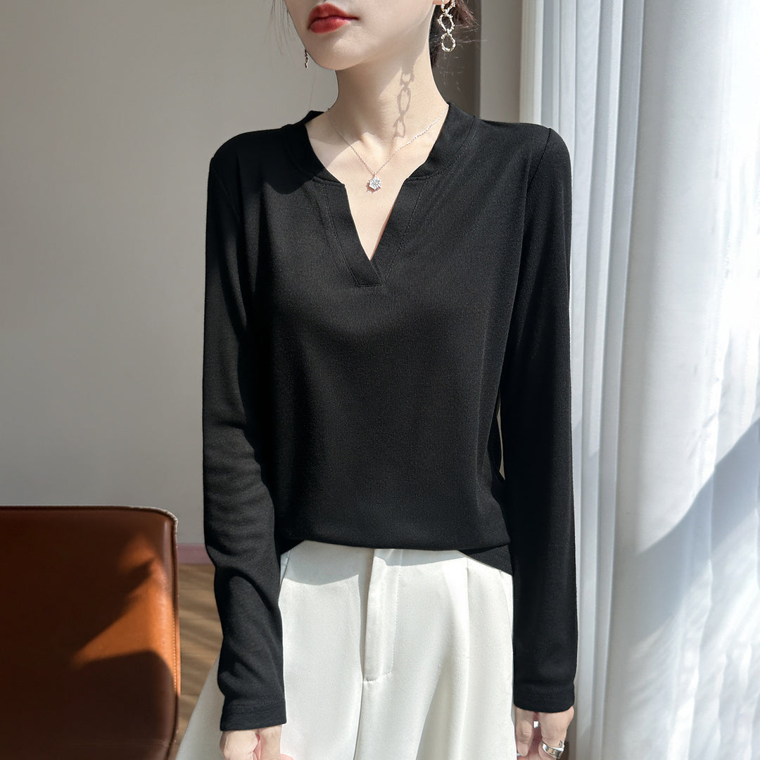 Women's Long-Sleeved Fine Knit Shirt with Slit V-Neck Mune Fashion