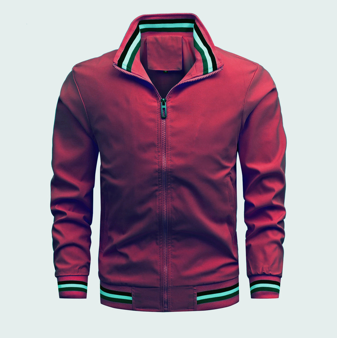 Men's Casual Bomber Jacket made of wind-resistant nylon with striped ribbed cuffs and stand-up collar Mune Fashion
