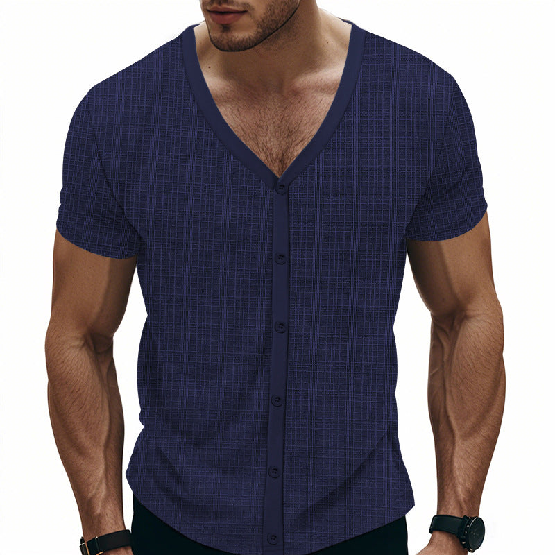 Men's short-sleeve fine knit cardigan with V-neck and continuous button placket Mune Fashion