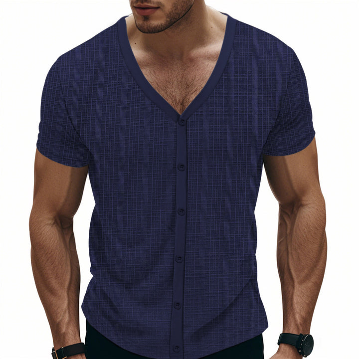 Men's short-sleeve fine knit cardigan with V-neck and continuous button placket Mune Fashion