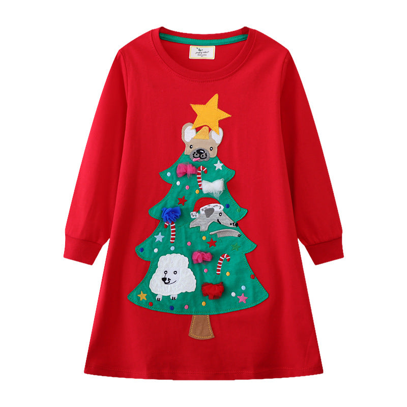 Girl Long Sleeve Dress with Festive Christmas Tree Motif Mune Fashion