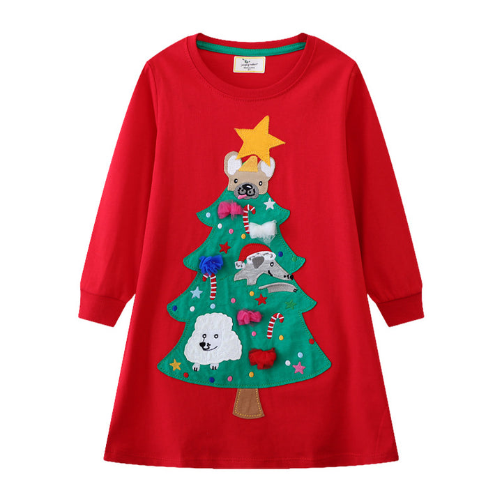 Girl Long Sleeve Dress with Festive Christmas Tree Motif Mune Fashion