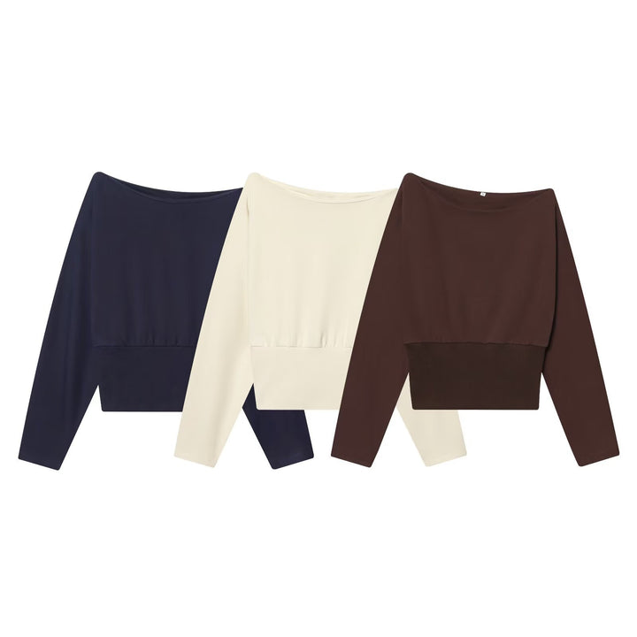 Women Oversize Off-Shoulder Cropped Sweater with Batwing Sleeves and Wide Ribbed Cuff Mune Fashion