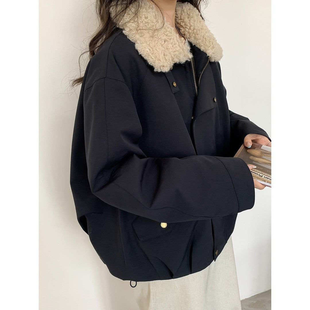Women Short Oversized Bomber Jacket with Teddy Collar and Snap Button Details Mune Fashion