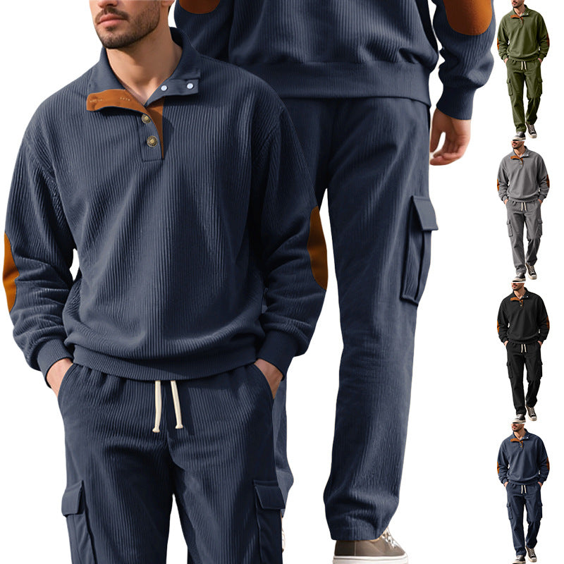 Men's structured turtleneck pullover with stand-up collar, press stud placket, and velour elbow patches Mune Fashion