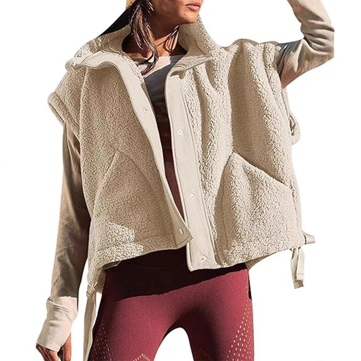 Women's Oversized Teddy Fleece Vest with Hood and Snap Buttons Mune Fashion
