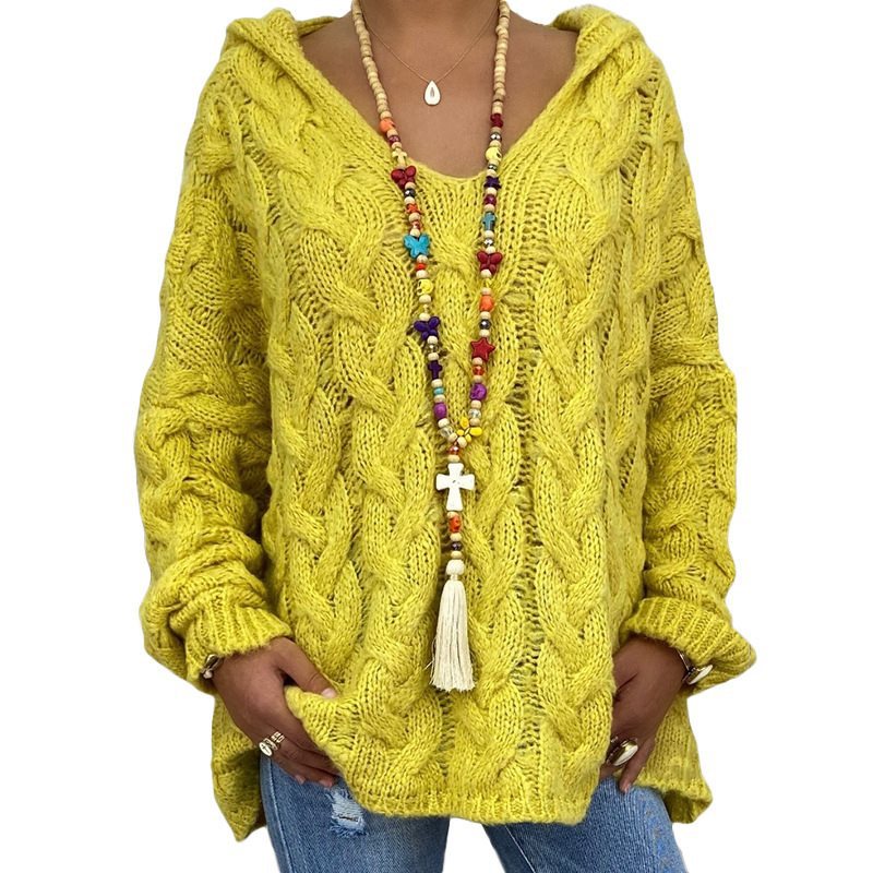 Women Oversized Cable Knit Sweater with Hood and Casual V-Neck Mune Fashion