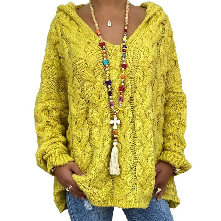 Women Oversized Cable Knit Sweater with Hood and Casual V-Neck Mune Fashion