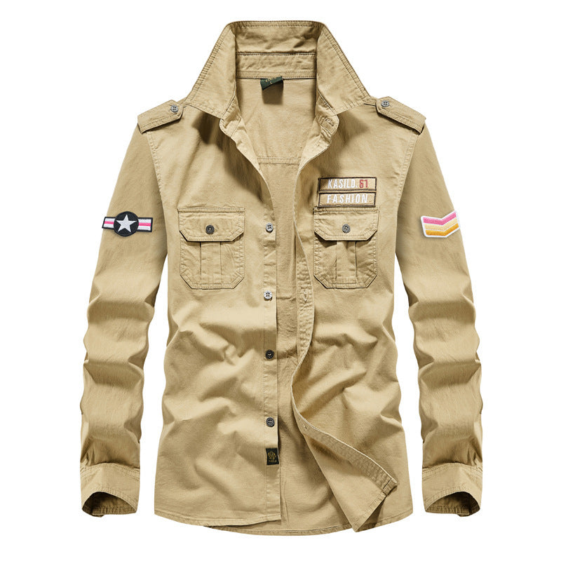 Men's Military Cotton Field Shirt with Patch Applications and Applied Chest Pockets Mune Fashion
