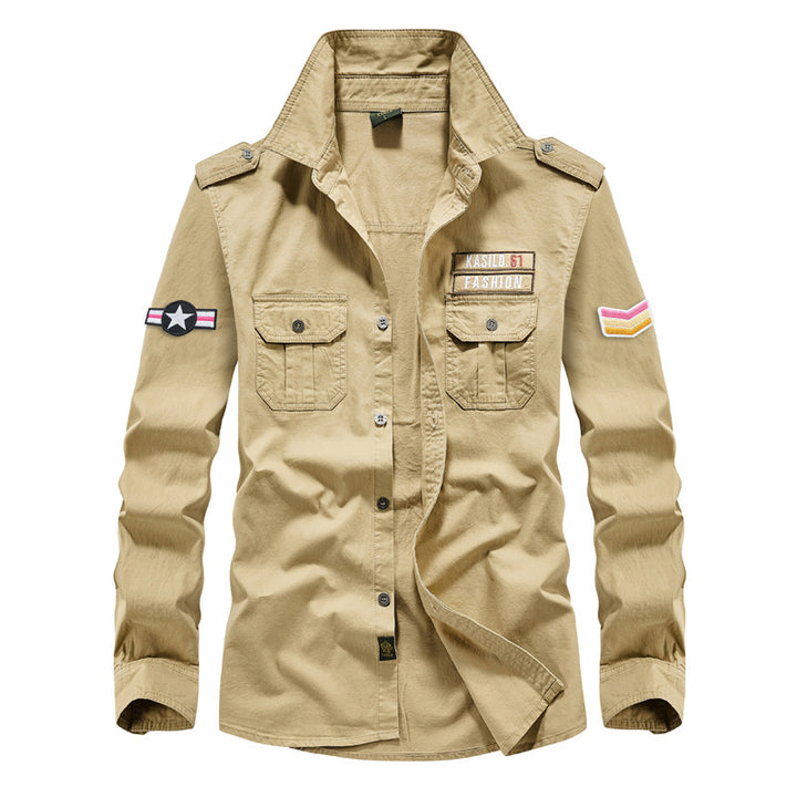 Men's military field shirt with patches, breast flap pockets, and shoulder epaulettes Mune Fashion