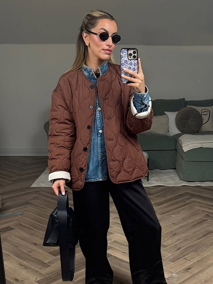 Women's quilted transitional jacket with round quilting, boxy silhouette and press stud placket Mune Fashion
