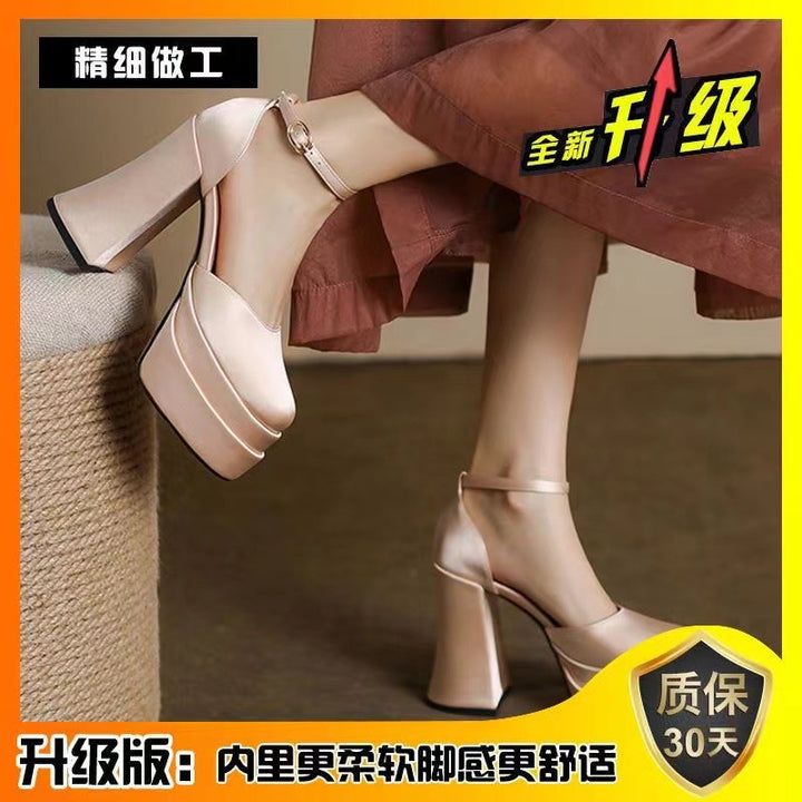 Women's ankle strap sandals with sculptural block heel, square toe, and crystal-embellished ankle strap Mune Fashion