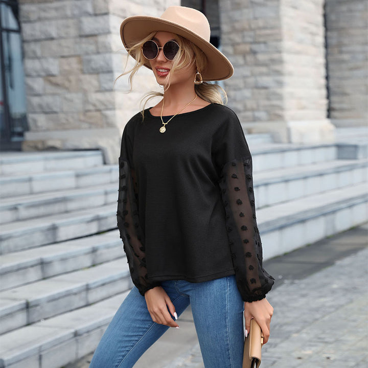 Ladies fine knit sweater with transparent chiffon sleeves and dot applications Mune Fashion