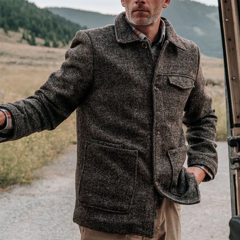 Men's Wool-Tweed Field Jacket with Stand-Up Collar and Applied Pockets Mune Fashion