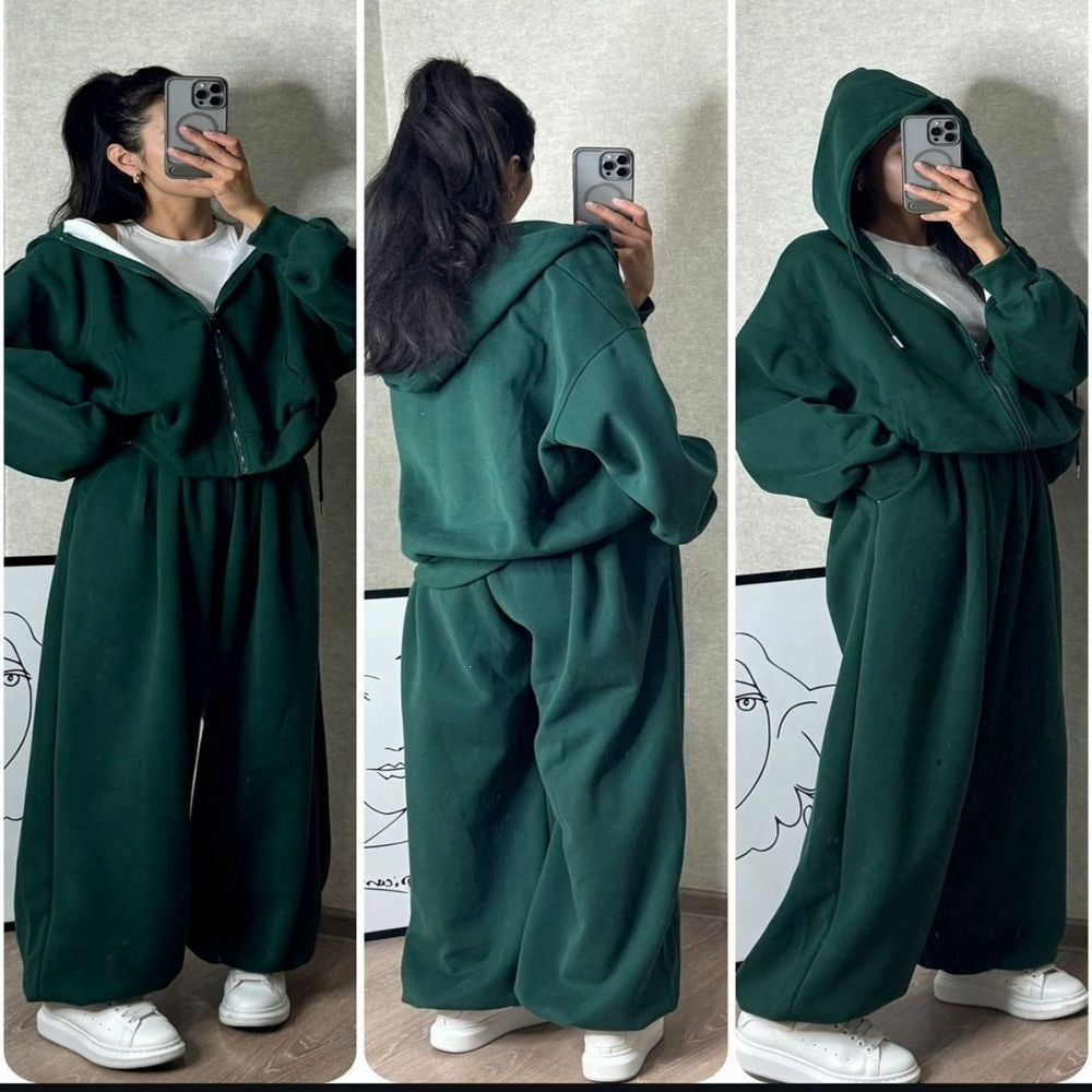 Women's oversized hooded jacket with zipper and wide jogging pants lounge set Mune Fashion