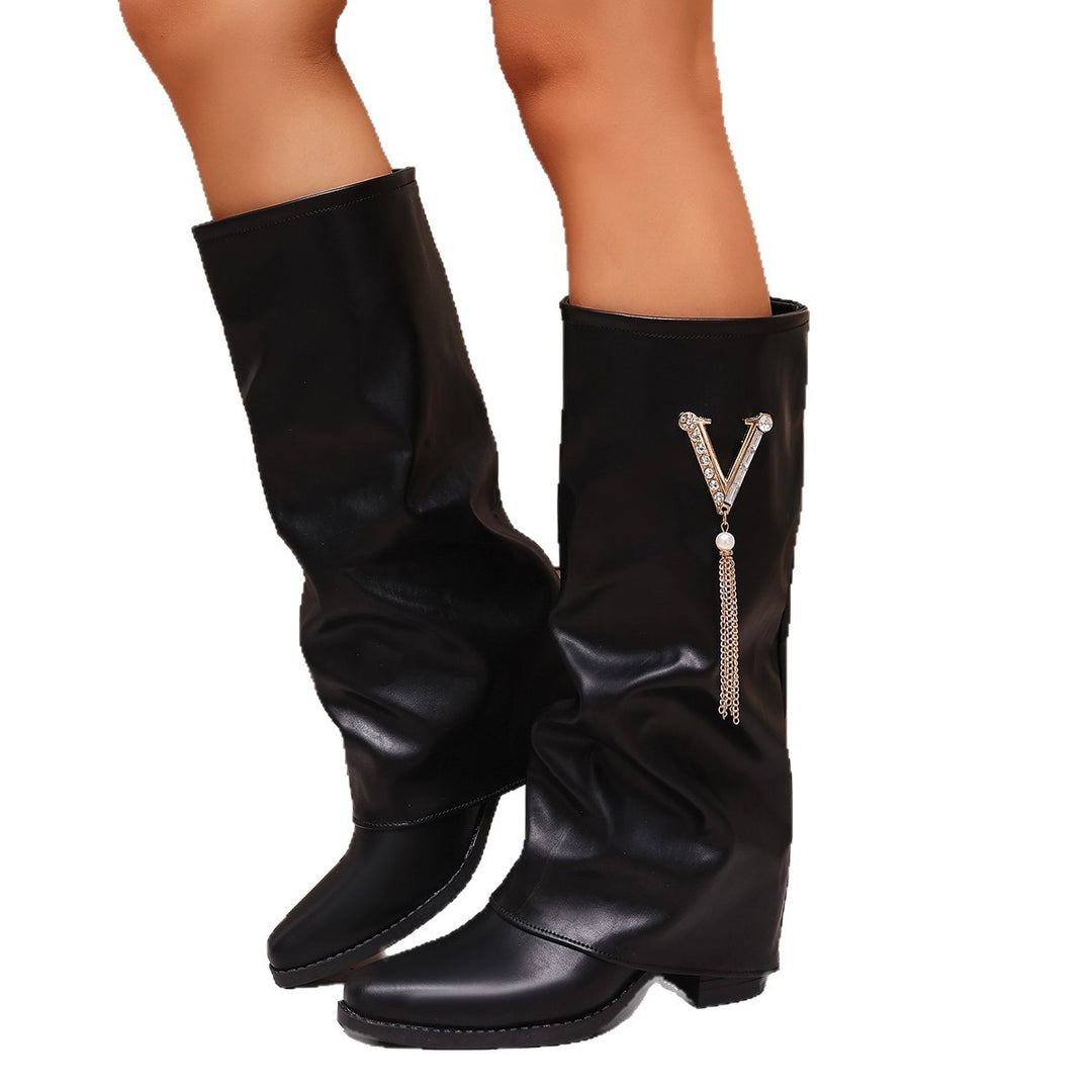 Women Knee-High Slouch Boots with Rhinestone Detail and Medium Block Heel Mune Fashion