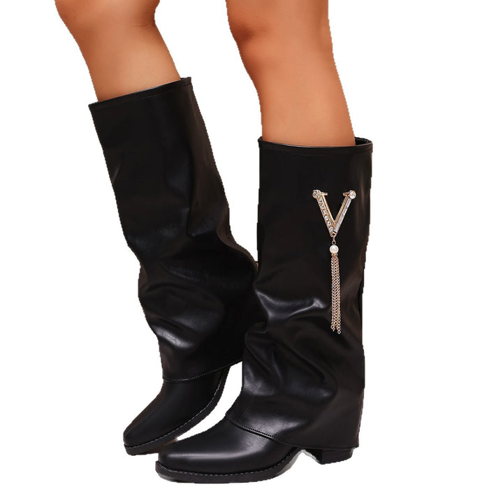 Women Knee-High Slouch Boots with Rhinestone Detail and Medium Block Heel Mune Fashion