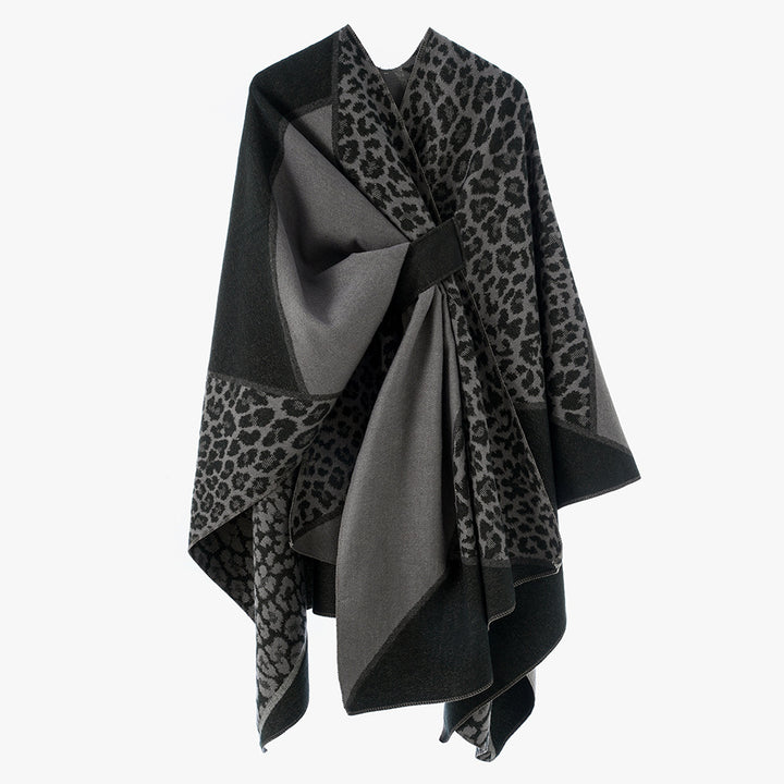 Women's Reversible Fine Knit Cape with Tonal Leo Jacquard and Strap Guide Mune Fashion