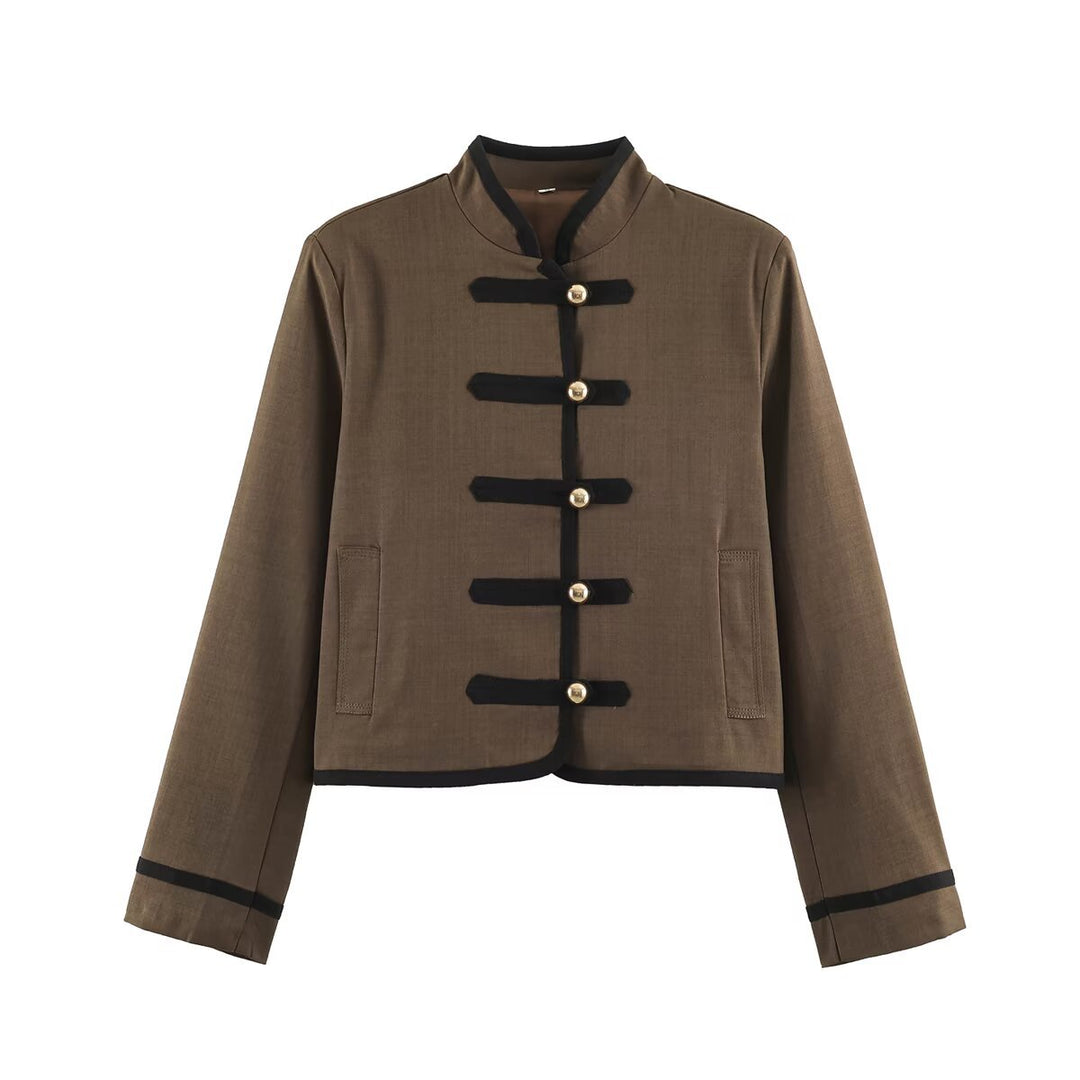 Women's Cropped Stand Collar Jacket with Decorative Toggle Fastenings and Boxy Cut Mune Fashion