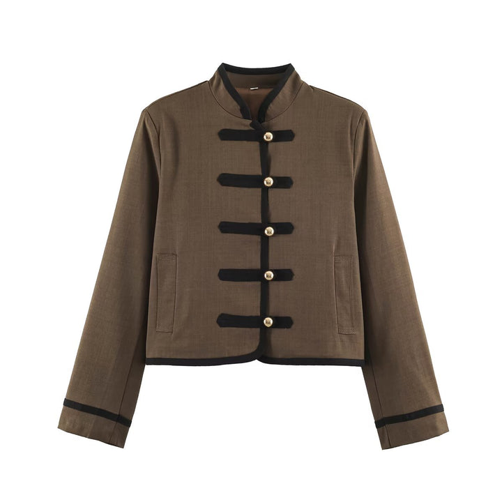 Women's Cropped Stand Collar Jacket with Decorative Toggle Fastenings and Boxy Cut Mune Fashion