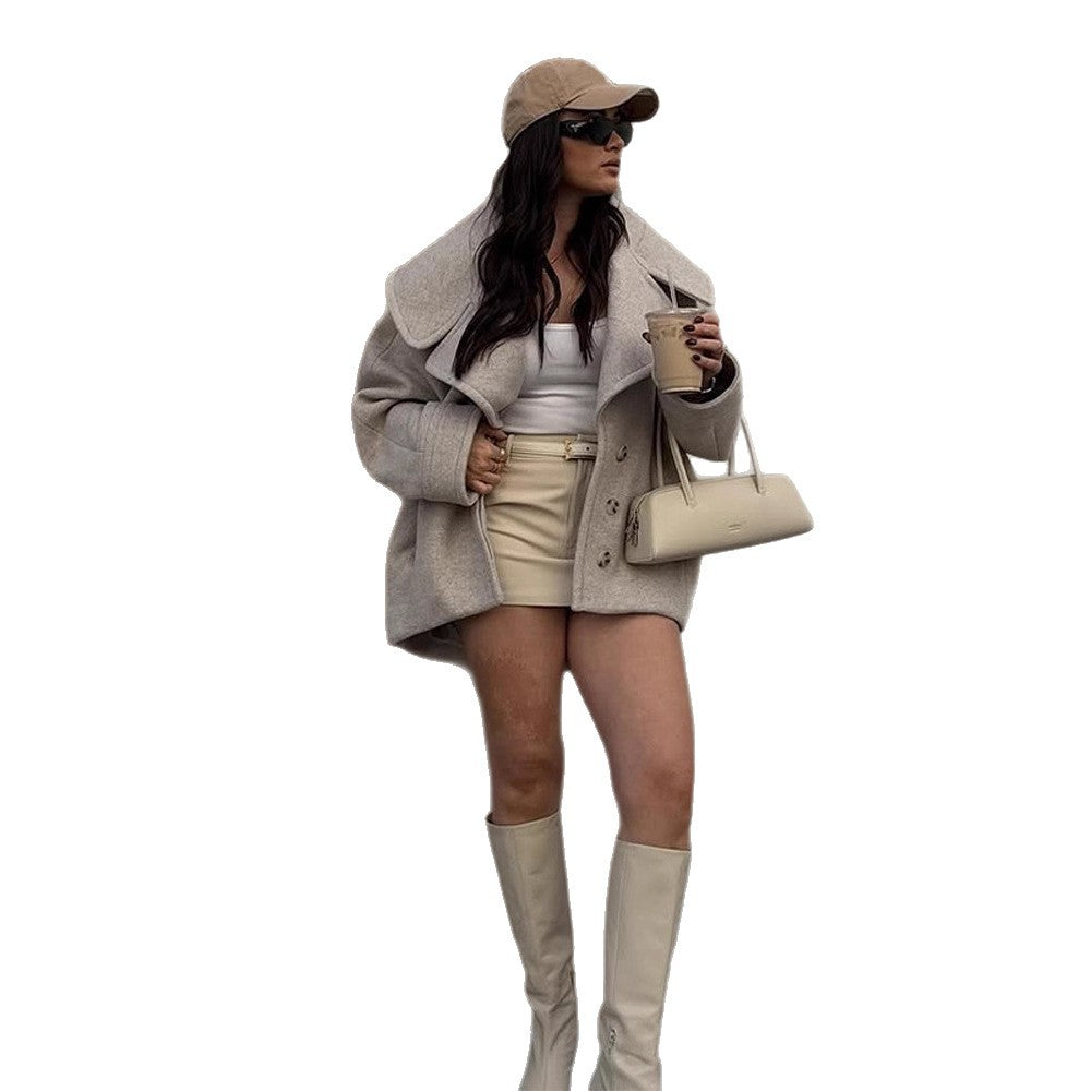 Womens Oversize Wool Blend Short Coat with Large Revere and Boxy Cut Mune Fashion