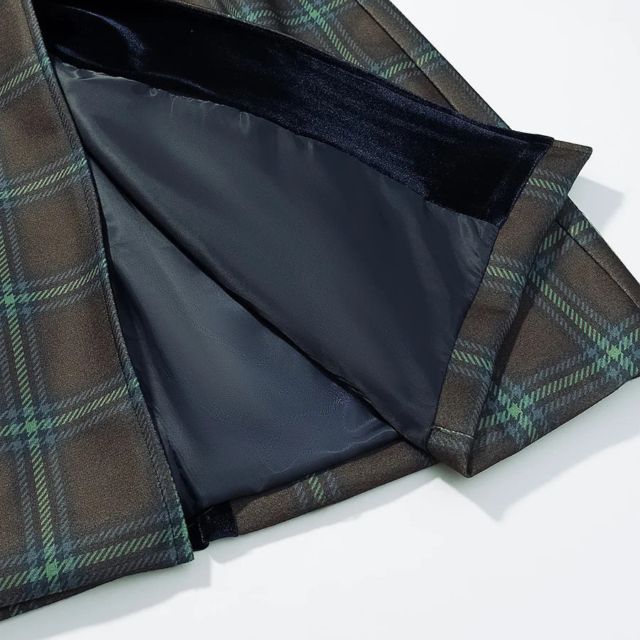Women long checked cape coat with double layer cape shoulder and velvet collar Mune Fashion
