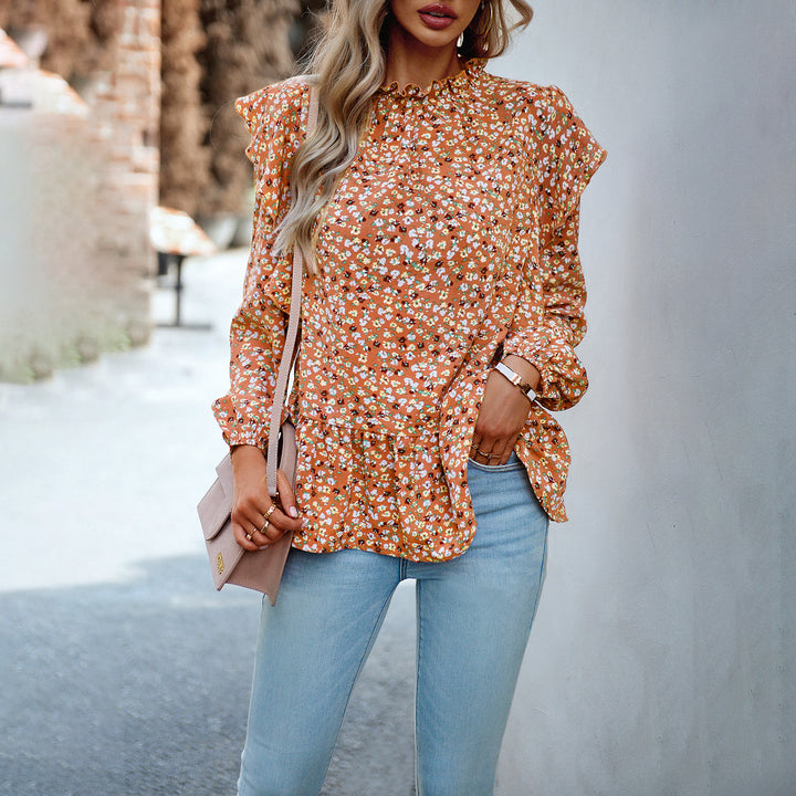 Women’s floral chiffon blouse with gathered standing collar, ruffle shoulders, and fitted layered hem Mune Fashion