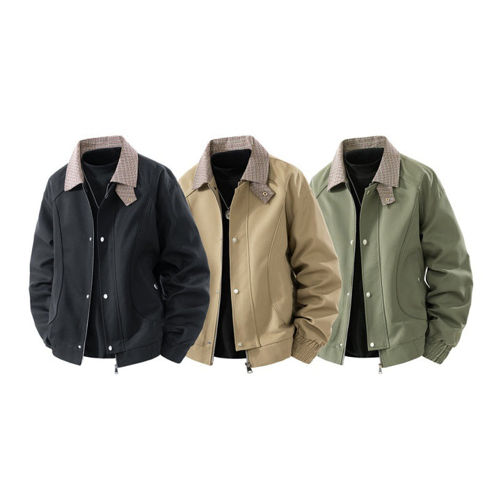 Men's Light Canvas Blouson with Check Collar, Zipper and Snap Button Placket Mune Fashion