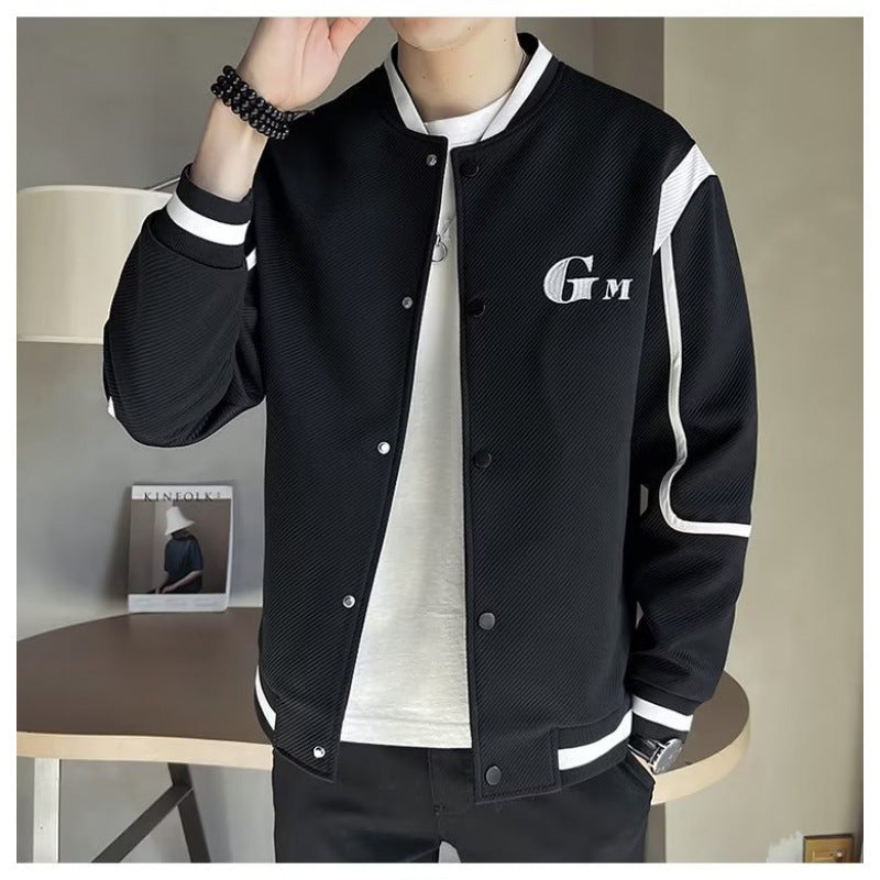 Men's Lightweight Varsity Bomber Jacket with Textured Fabric, Ribbed Cuffs and Snap Front Mune Fashion