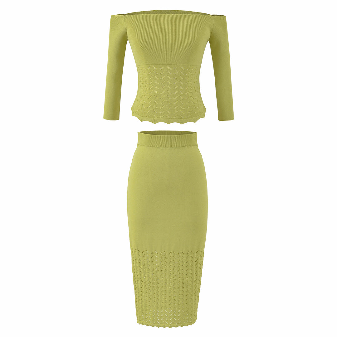 Women's Two-Piece Knit Set with off-the-shoulder Neckline and Bodycon Pencil Skirt Mune Fashion