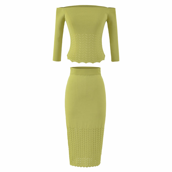 Women's Two-Piece Knit Set with off-the-shoulder Neckline and Bodycon Pencil Skirt Mune Fashion