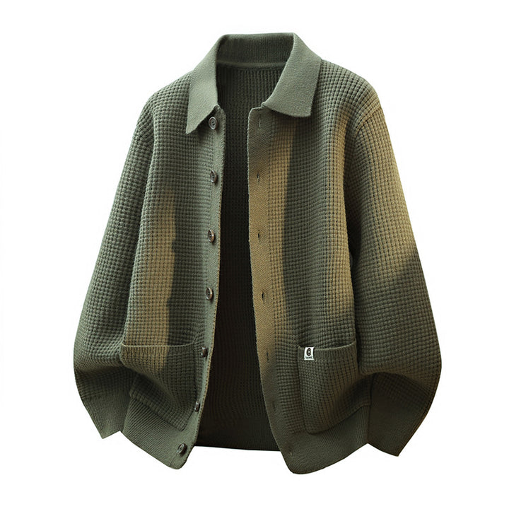 Men's Coarsely Structured Shirt Jacket - Knit Cardigan with Waffle Texture, Shirt Collar & Patch Pockets Mune Fashion