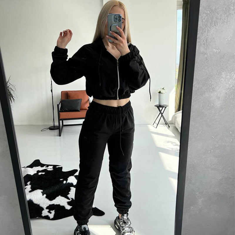 Women Cropped Zip Hoodie with Elastic High-Waist Jogging Pants Mune Fashion