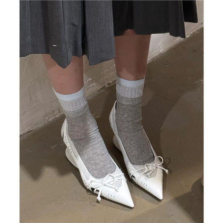 Women's pointed toe mesh metallic pumps with sculpted kitten heel and bow strap Mune Fashion