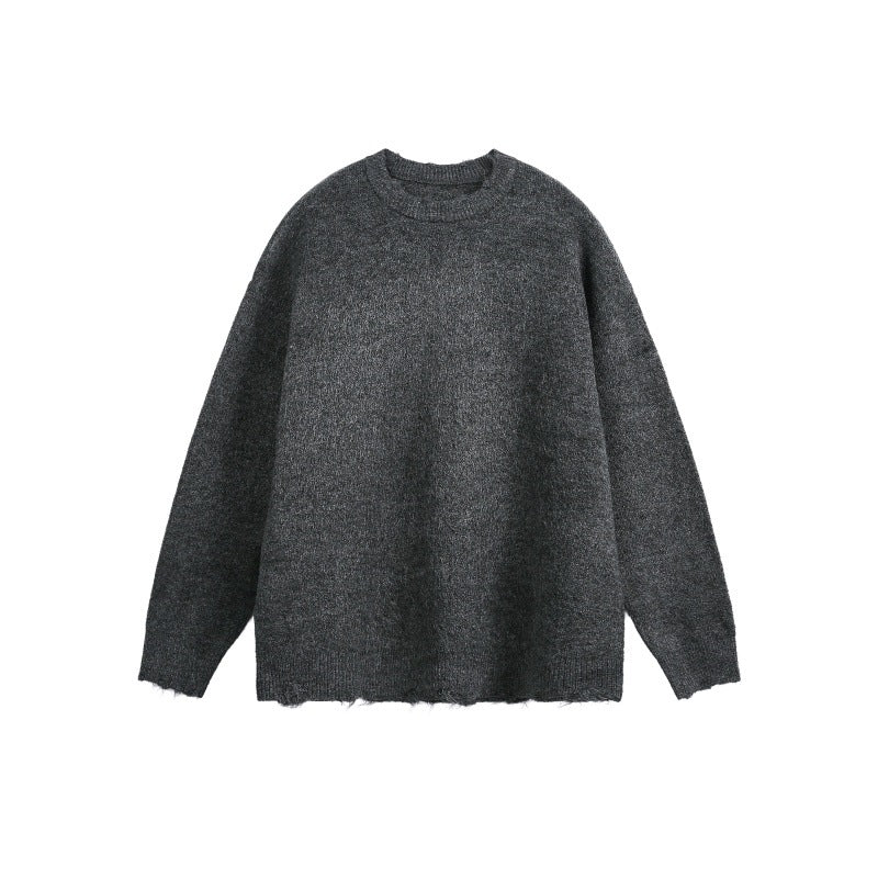 Unisex Oversized Chunky Knit Sweater with Round Neckline and Frayed Hem Mune Fashion