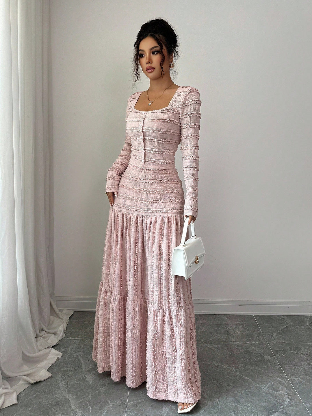 Women's Figure-Hugging Ruffle Maxi Dress with Square Neckline and Button Placket Mune Fashion