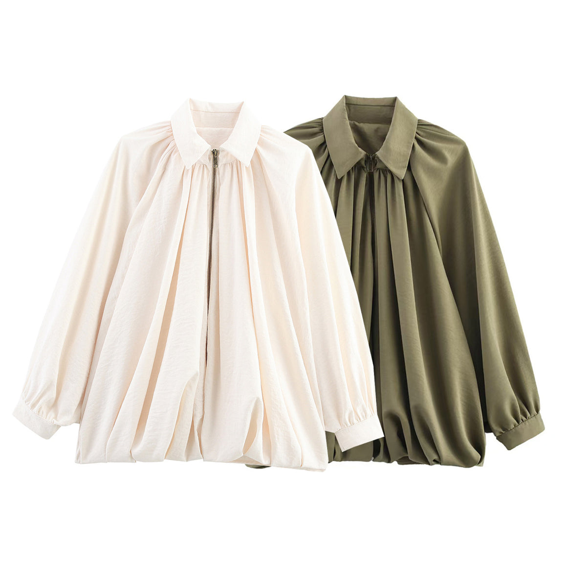 Women's Loose Ruched Blouse Jacket with Zipper and Balloon Sleeves Mune Fashion