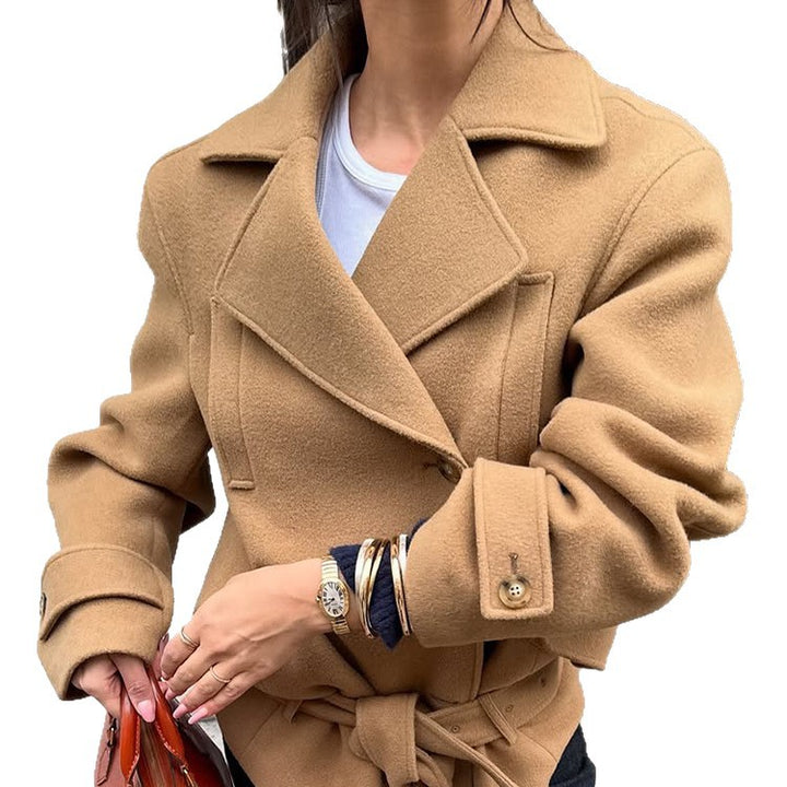 Women Tailored Wool Blend Short Coat with Tie Belt, Wide Lapels and Button Cuffs Mune Fashion