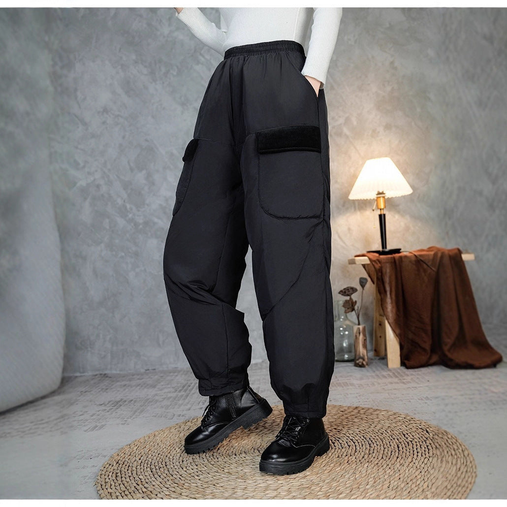 Women's Quilted Thermal Cargo Pants with Elastic Waistband and Cuff Mune Fashion